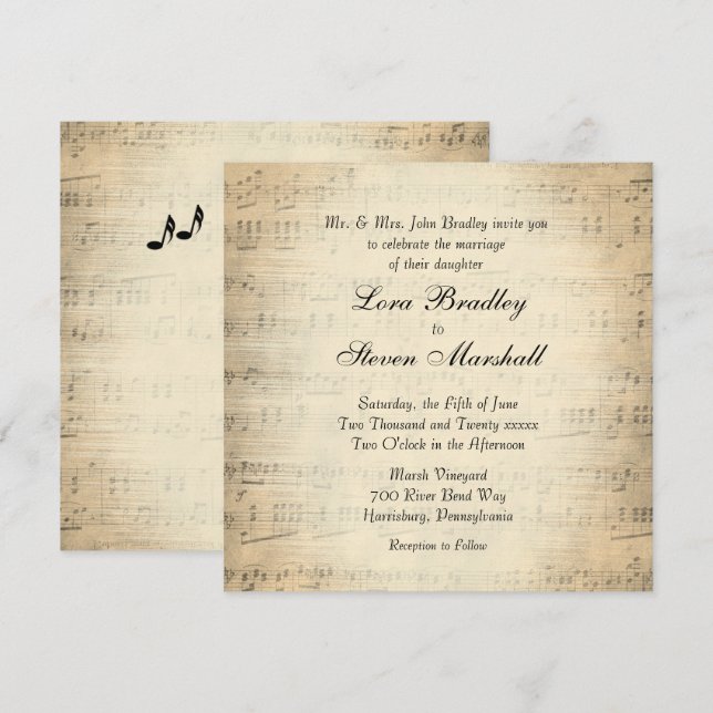 Antique Sheet Music Wedding Theme Invitation (Front/Back)