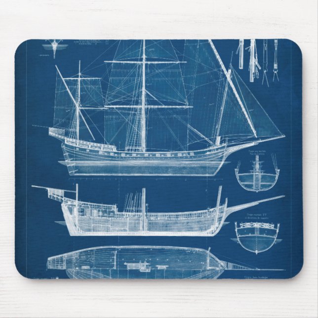 Antique Ship Blueprint I Mouse Mat (Front)
