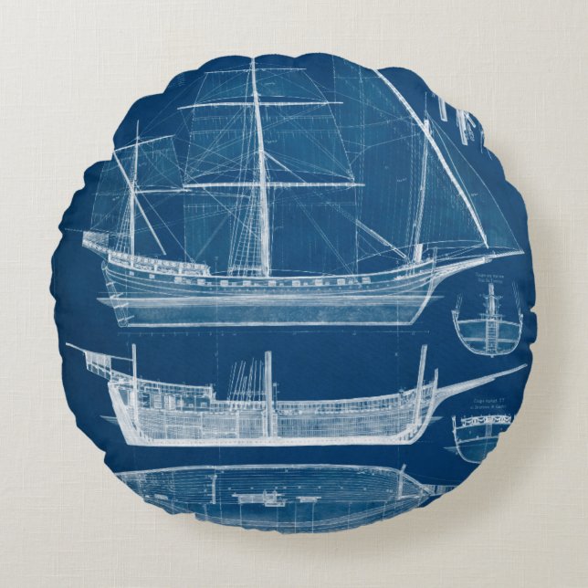 Antique Ship Blueprint I Round Cushion (Front)