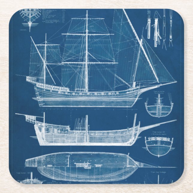 Antique Ship Blueprint I Square Paper Coaster (Front)