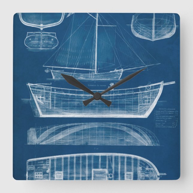 Antique Ship Blueprint II Square Wall Clock (Front)