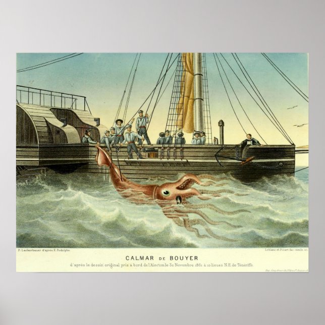 Antique Ship Capturing Giant Squid Poster (Front)