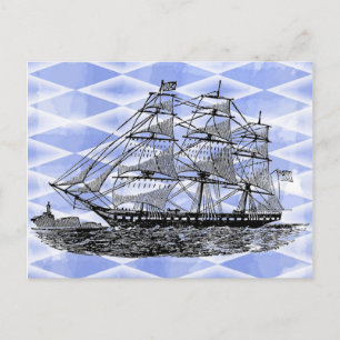 Antique Ship on Blue Postcard