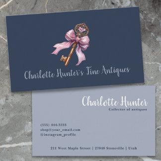 Antique shop, elegant vintage brass key pink bow business card