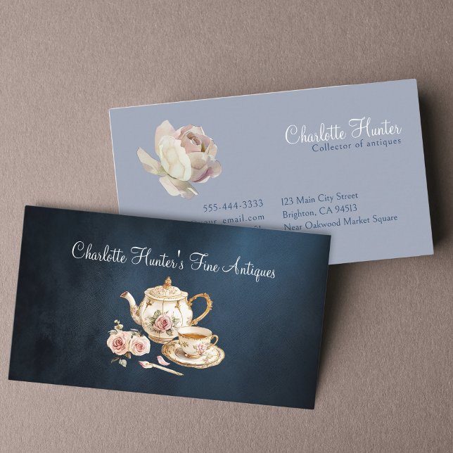 Antique shop ivory teapot & english roses business card (Creator Uploaded)