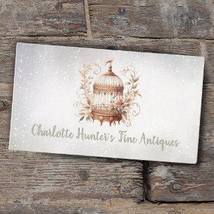 Antique shop, vintage gold bird cage business card