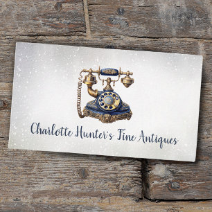 Antique shop, vintage old phone, gold and blue business card