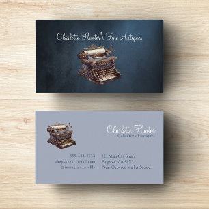 Antique shop, vintage old typewrite, dark blue business card