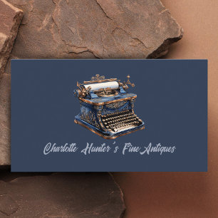 Antique shop, vintage old typewrite, gold and blue business card