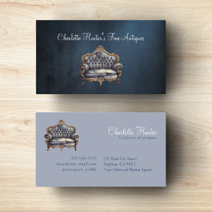 Antique shop, vintage upholstery old sofa, blue business card