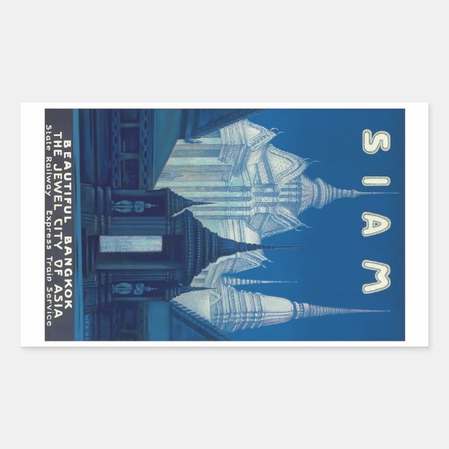 Antique Siam Bangkok Temples Travel Poster Rectangular Sticker (Front)