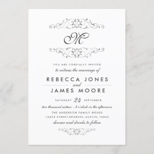 Antique Silver Flourish Monogram Wedding Invite