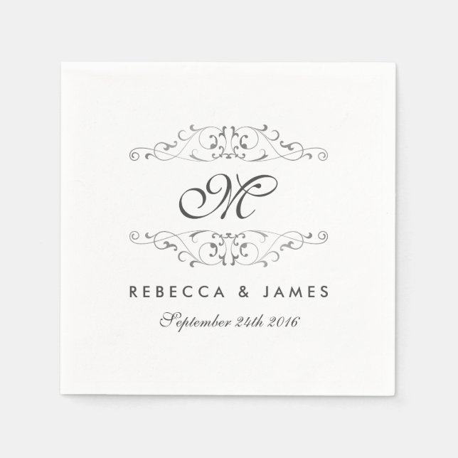 Antique Silver Flourish Monogram Wedding Napkin (Front)