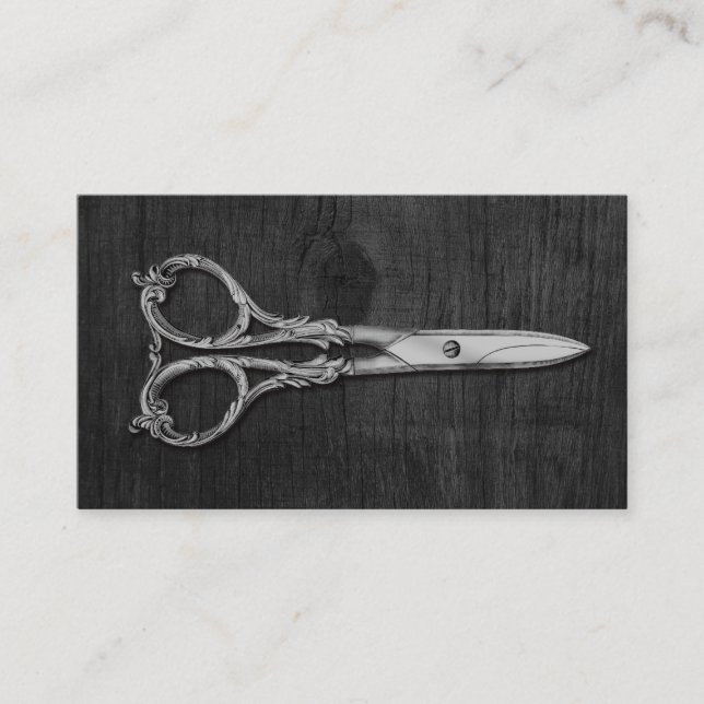 Antique Silver Scissor Elegant Wood Hair Stylist Business Card (Front)