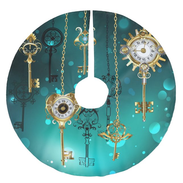 Antique Skeleton Keys on Green Background Brushed Polyester Tree Skirt (Front)