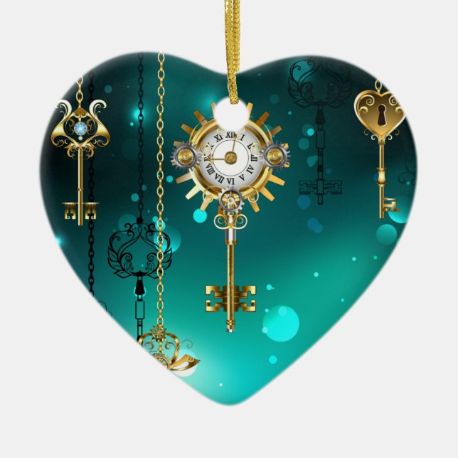 Antique Skeleton Keys on Green Background Ceramic Tree Decoration (Front)