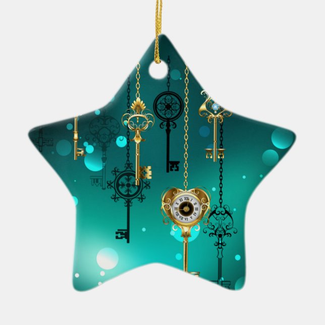 Antique Skeleton Keys on Green Background Ceramic Tree Decoration (Front)