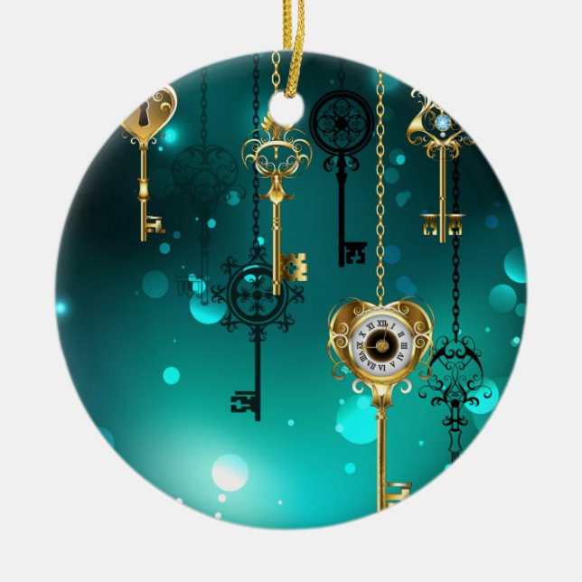 Antique Skeleton Keys on Green Background Ceramic Tree Decoration (Front)