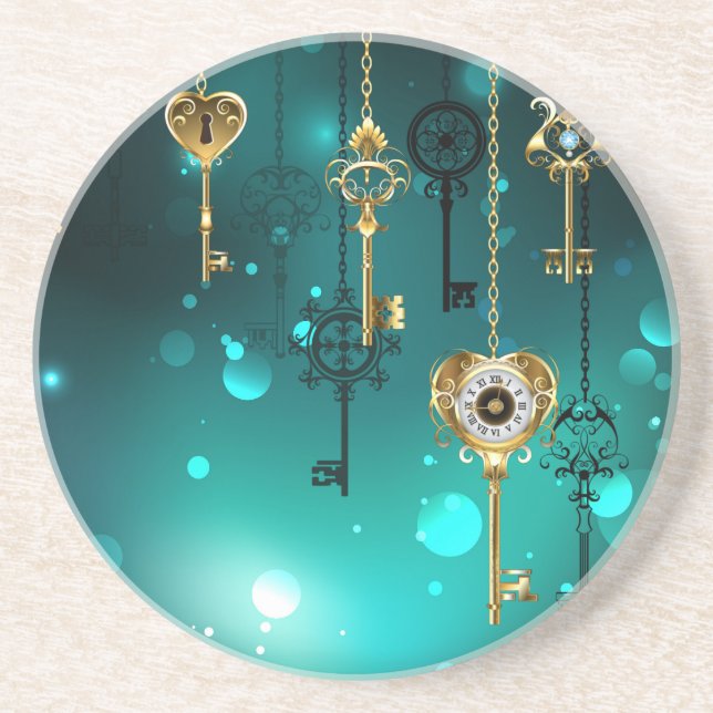 Antique Skeleton Keys on Green Background Coaster (Front)