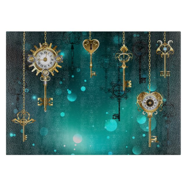 Antique Skeleton Keys on Green Background Cutting Board (Front)