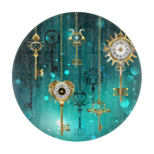 Antique Skeleton Keys on Green Background Cutting Board