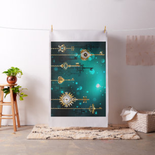 Antique Skeleton Keys on Green Background Fabric