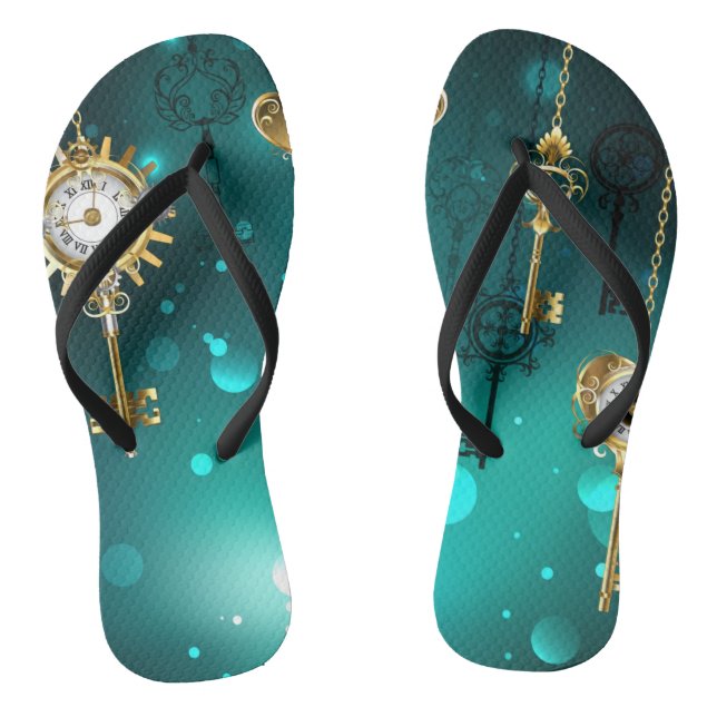 Antique Skeleton Keys on Green Background Flip Flops (Footbed)