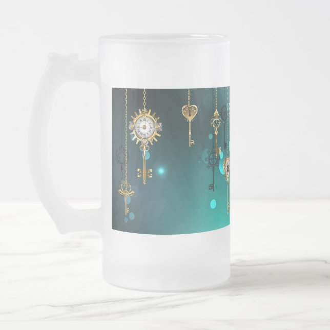 Antique Skeleton Keys on Green Background Frosted Glass Beer Mug (Left)