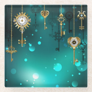 Antique Skeleton Keys on Green Background Glass Coaster