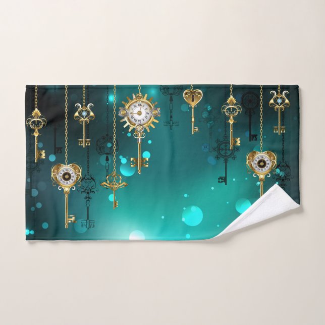 Antique Skeleton Keys on Green Background Hand Towel (Hand Towel)