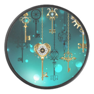 Antique Skeleton Keys on Green Background Hockey Puck