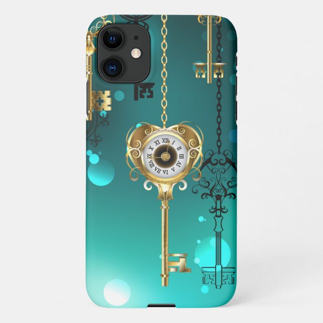 Antique Skeleton Keys on Green Background iPhone Case (Back)