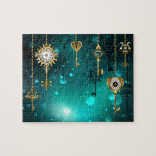 Antique Skeleton Keys on Green Background Jigsaw Puzzle