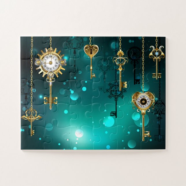 Antique Skeleton Keys on Green Background Jigsaw Puzzle (Horizontal)