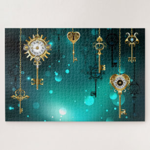 Antique Skeleton Keys on Green Background Jigsaw Puzzle