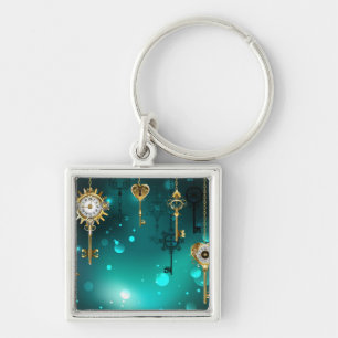 Antique Skeleton Keys on Green Background Key Ring