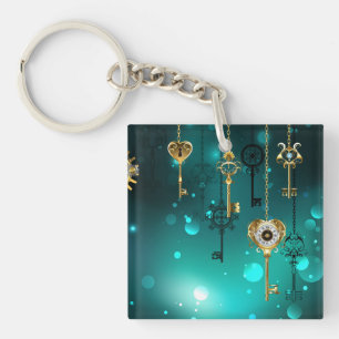 Antique Skeleton Keys on Green Background Key Ring