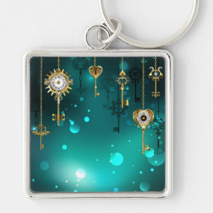 Antique Skeleton Keys on Green Background Key Ring