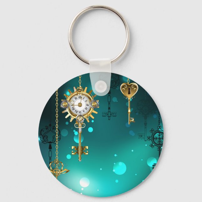 Antique Skeleton Keys on Green Background Key Ring (Front)