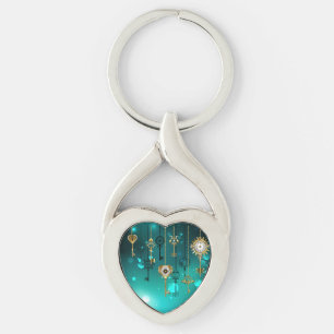 Antique Skeleton Keys on Green Background Key Ring