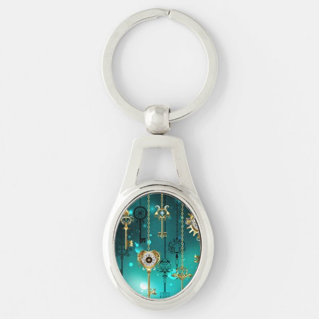 Antique Skeleton Keys on Green Background Key Ring (Front)