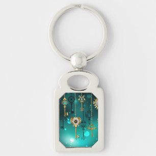 Antique Skeleton Keys on Green Background Key Ring