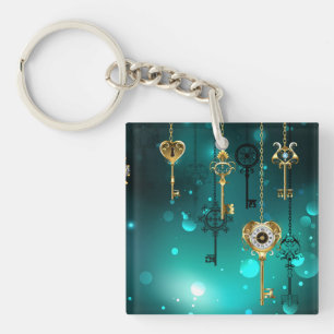 Antique Skeleton Keys on Green Background Key Ring