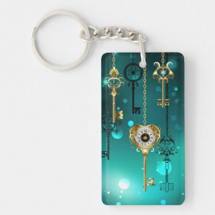Antique Skeleton Keys on Green Background Key Ring