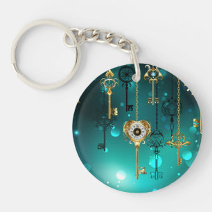 Antique Skeleton Keys on Green Background Key Ring