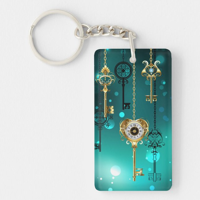 Antique Skeleton Keys on Green Background Key Ring (Front)
