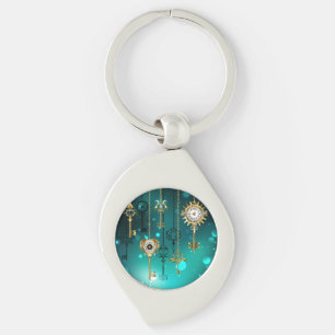 Antique Skeleton Keys on Green Background Key Ring