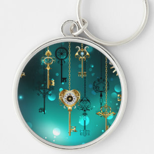 Antique Skeleton Keys on Green Background Key Ring