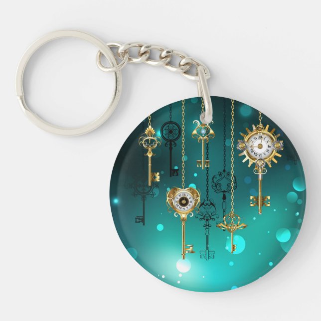 Antique Skeleton Keys on Green Background Key Ring (Front)