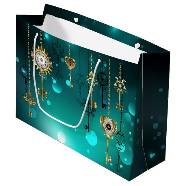 Antique Skeleton Keys on Green Background Large Gift Bag (Front Angled)